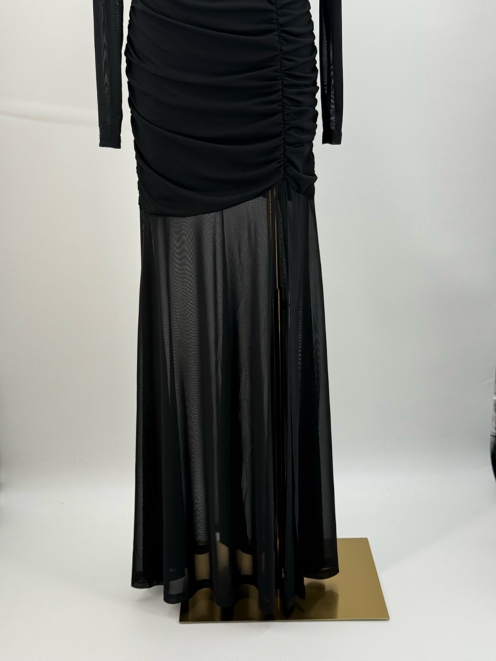 Lulus Vibrant Poise Black Mesh Ruched Maxi Dress Long Sleeve Sheer Hem Bodycon - Picture 6 of 15